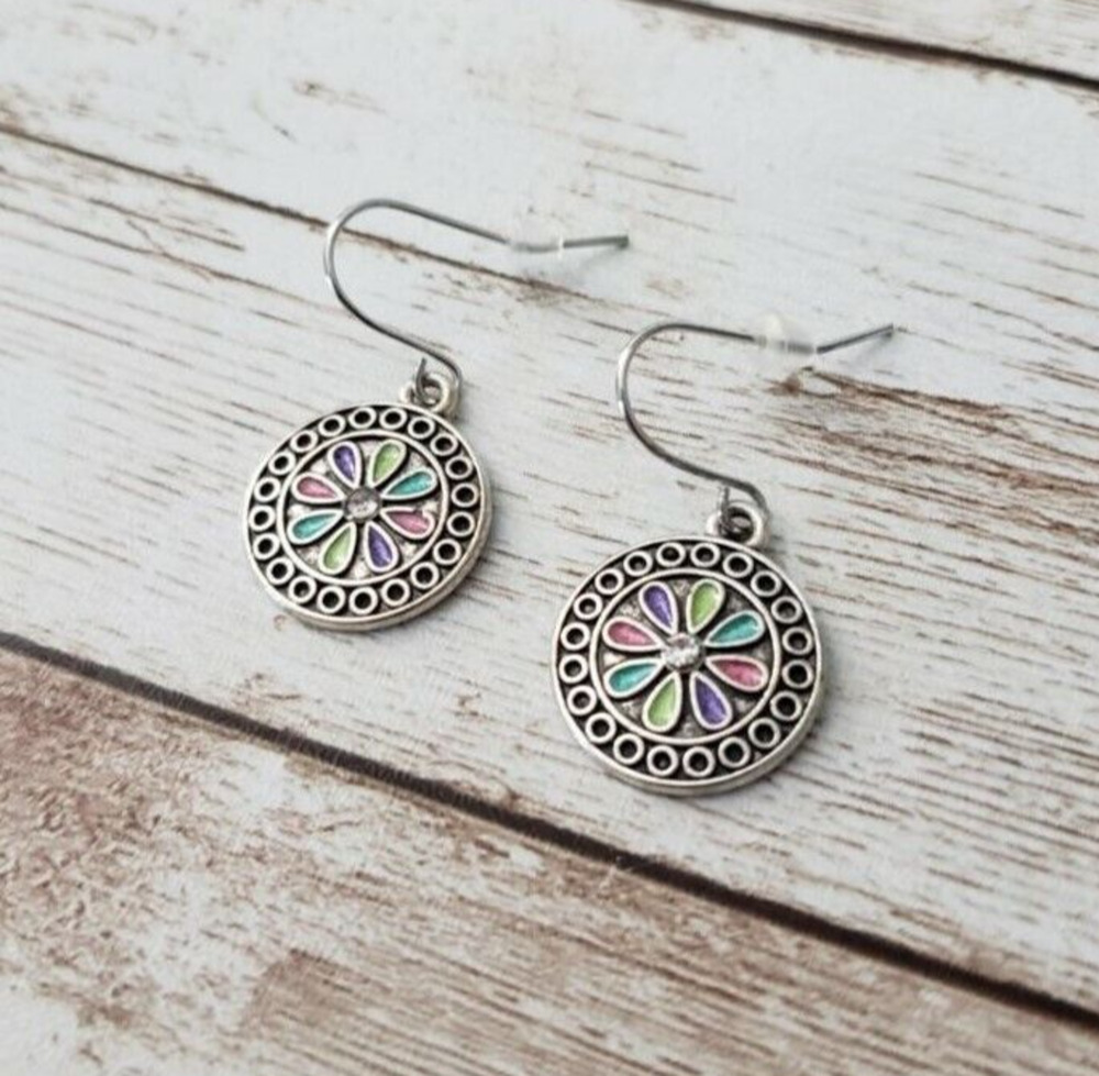 Multi Colored Dainty Circle with Clear Gem Dangle Earrings - Brand New
